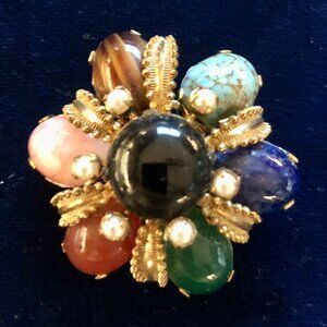 Unsigned SCHREINER Large Vintage Brooch Semi Precious Stones Pearl Gold Tone